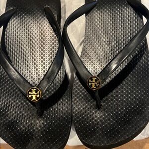 Tory Burch Black Sandals with Gold Logo